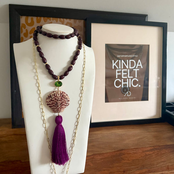 OLIVE BEADED SHELL TASSEL DROP NECKLACE