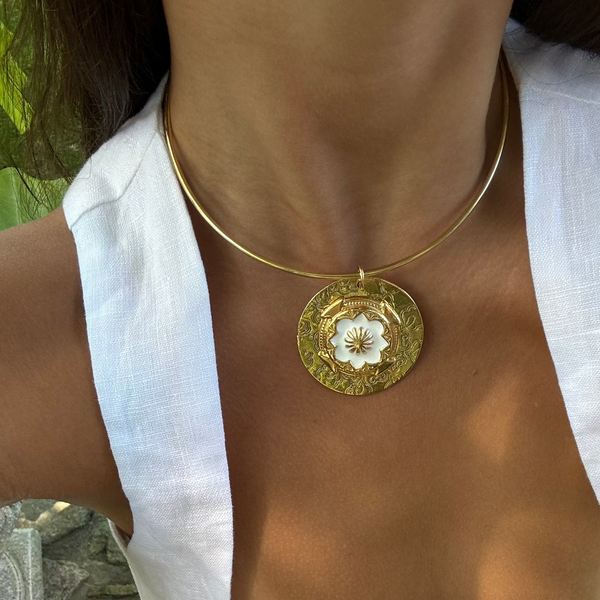 ZARIN WHITE ENAMEL ETCHED DISC  NECKLACE