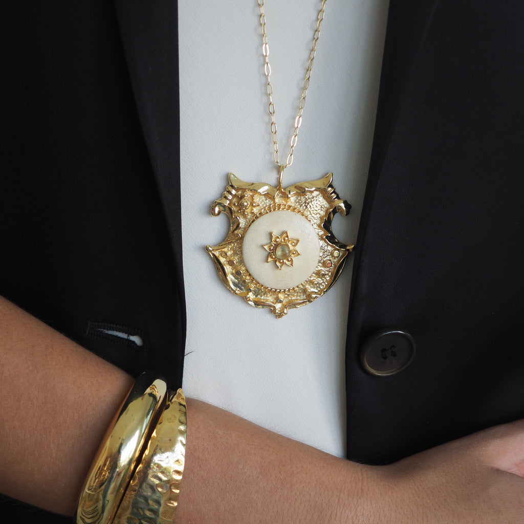 MENA WOOD SHIELD BEADED NECKLACE