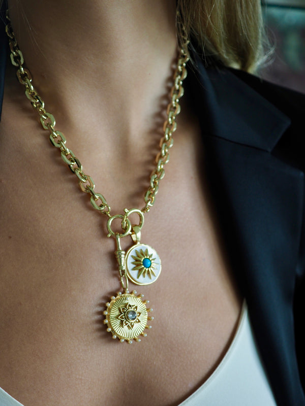 SABRINA DOUBLE  DISC DROP  PENDANT NECKLACE
