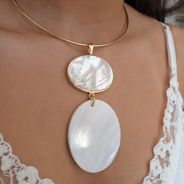 RAQUEL DOUBLE MOTHER OF PEARL DROP PENDANT