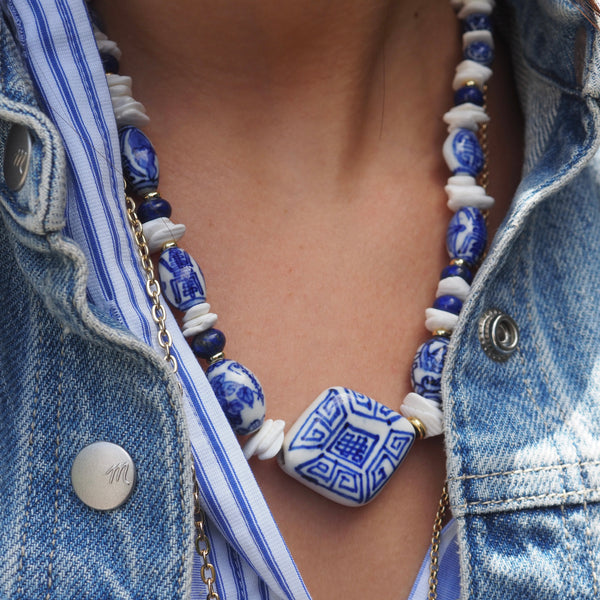 LIZZY BLUE + WHITE BEADED NECKLACES