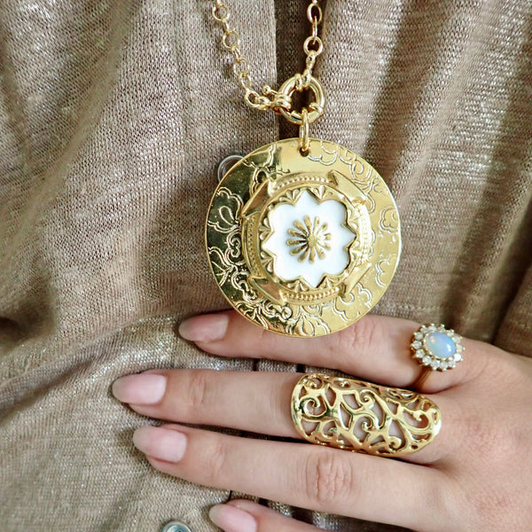 ZARIN WHITE ENAMEL ETCHED DISC  NECKLACE