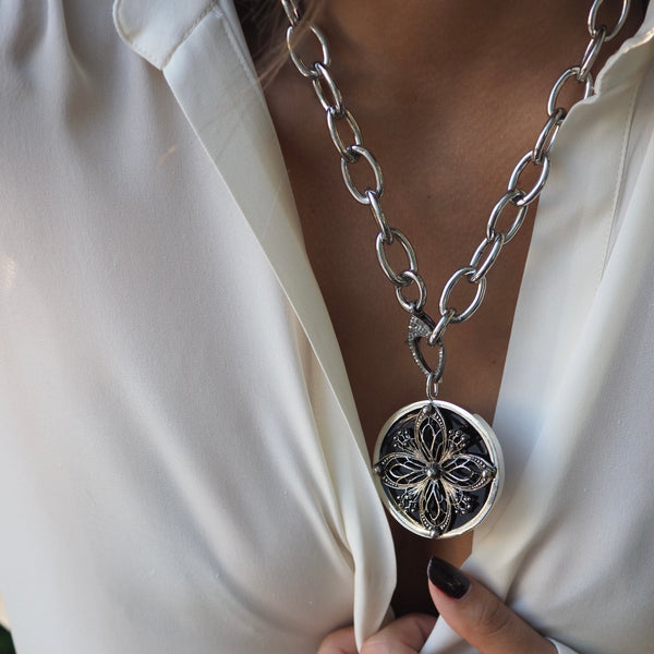 NAKITA  FILAGREE ENAMEL STATEMENT DISC NECKLACE