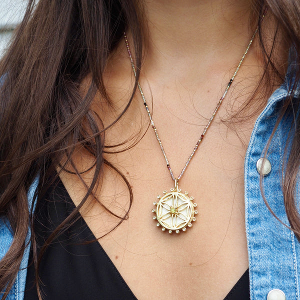 CARTER FLOWER WHEEL ENAMEL  DISC NECKLACE