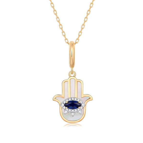 CHAR SAPPHIRE MOTHER OF PEARL HAMSA PENDANT NECKLACE