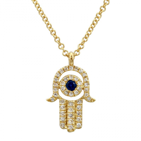 DREW DIAMOND + SAPPHIRE  HAMSA PENDANT NECKLACE